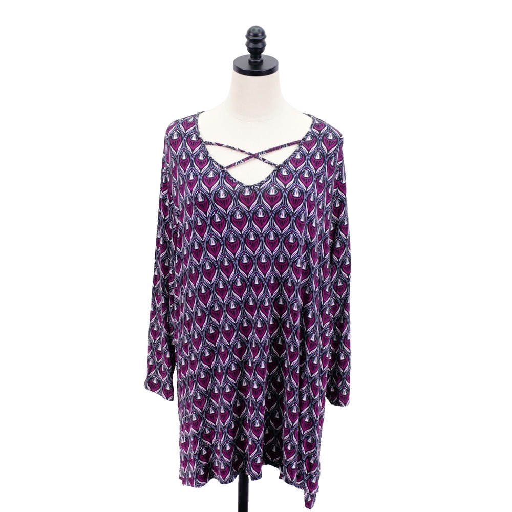 Cato -22/24W- Gray Purple Crisscross V Neck Geometric High Low Tunic Blouse Top